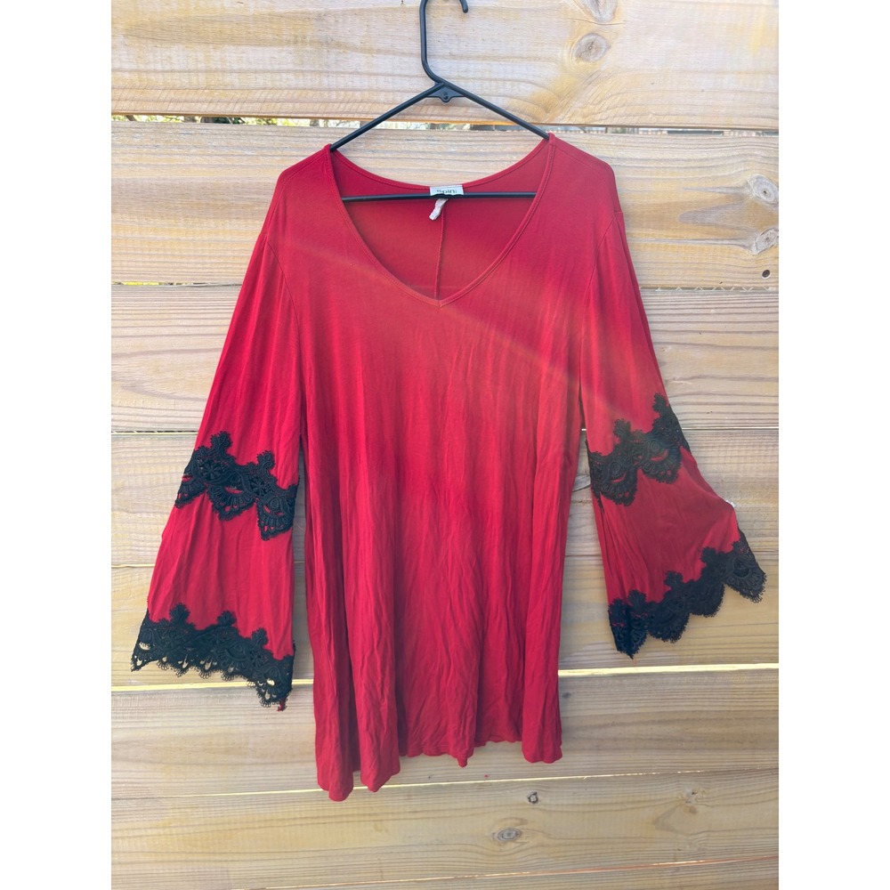 Spin USA Red V-Neck Tunic Top Black Crochet Lace Bell Sleeve Plus Size 3XL